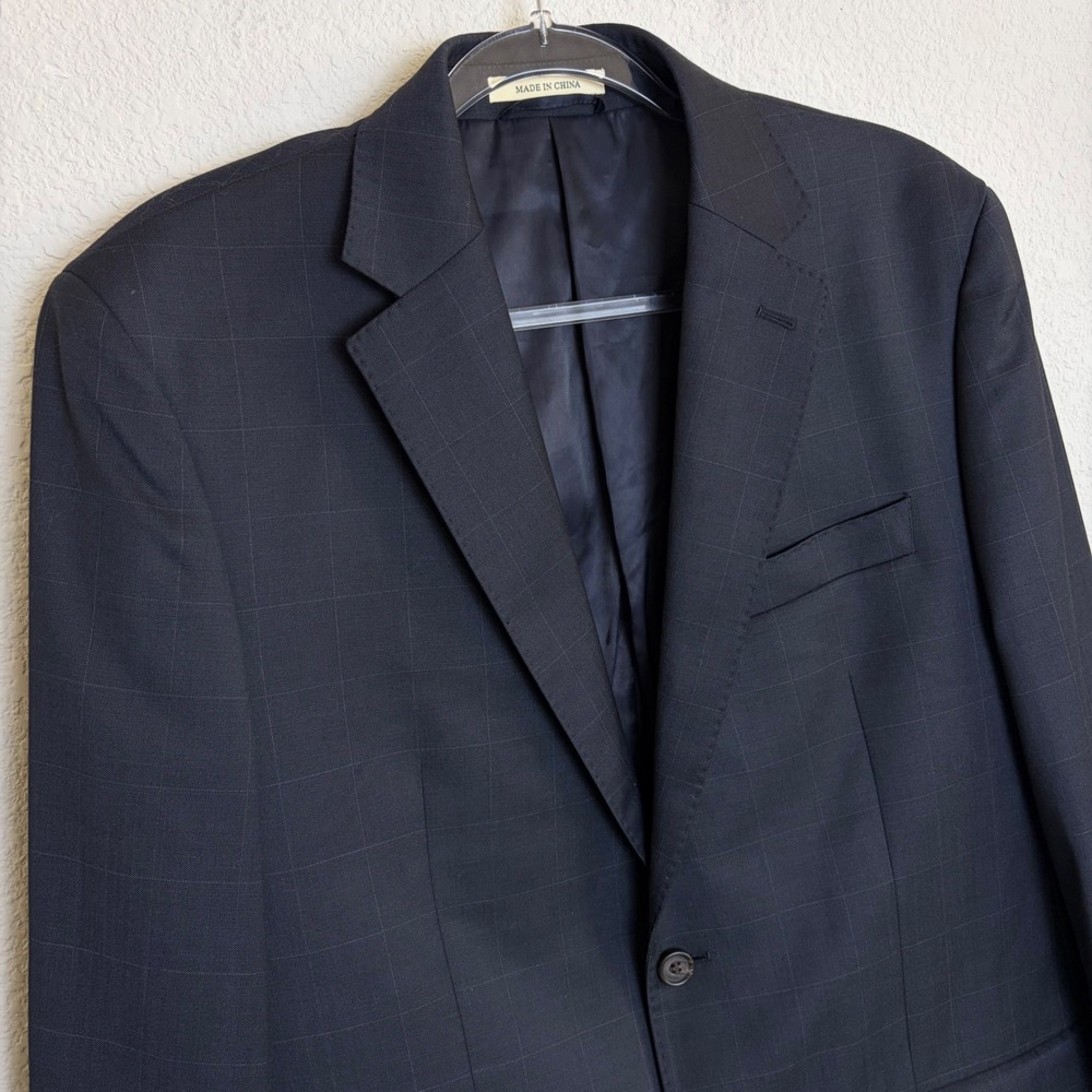 Lauren Ralph Lauren Mens 40L Wool Windowpane Blazer Navy Blue Trim Sport Coat